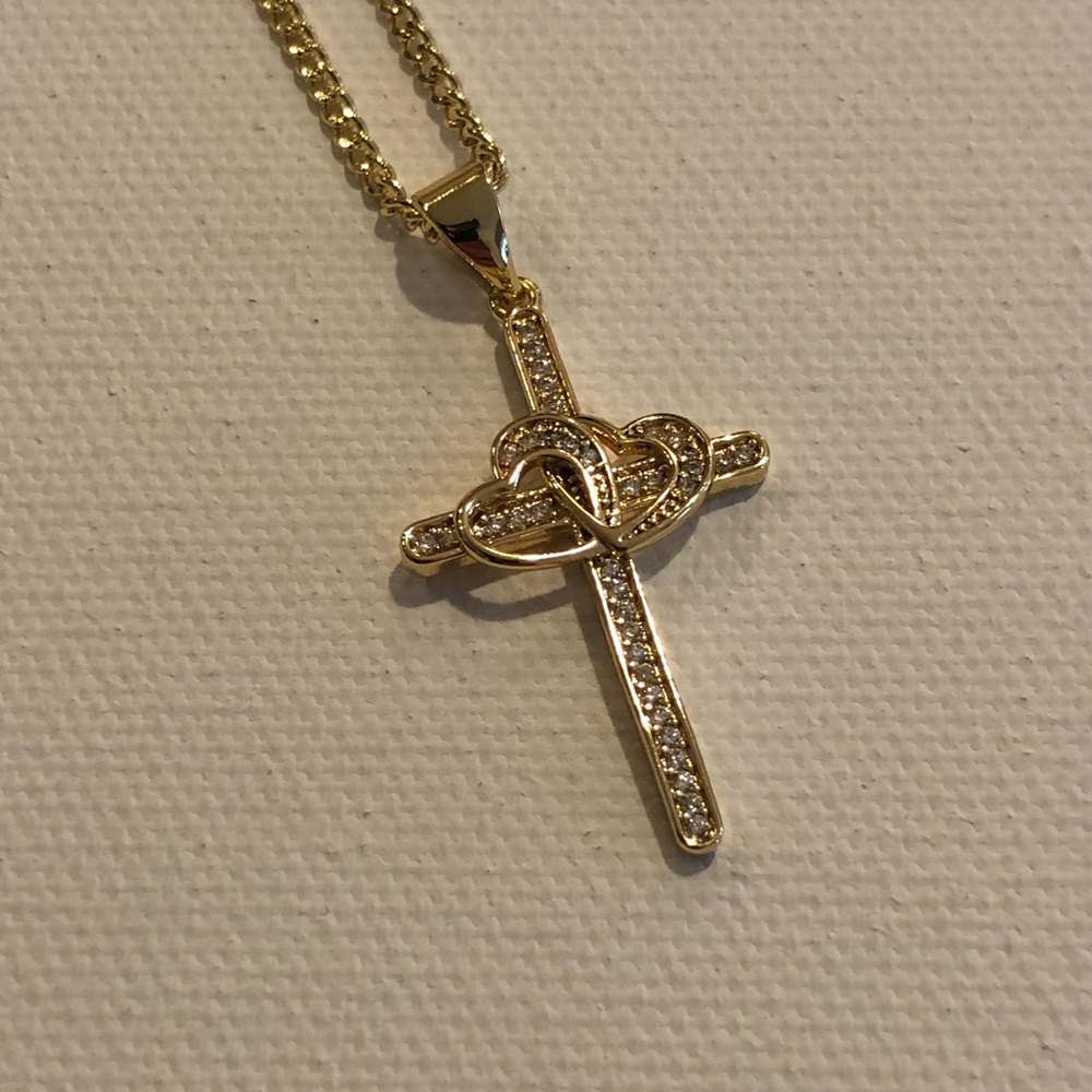Gold Tone Cross Necklace Dual Hearts